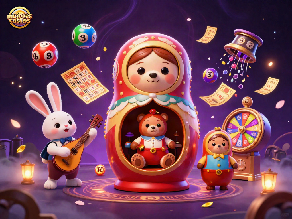 Ilustración de la Matryoshka con los mejores casinos y bolas de lotería en un entorno vibrante.