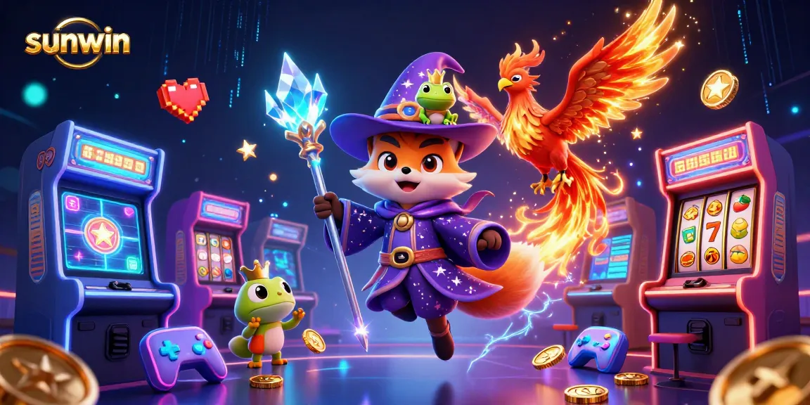 Experience the excitement of Sunwin with a vibrant casino-themed illustration featuring mystical characters and dynamic game elements.