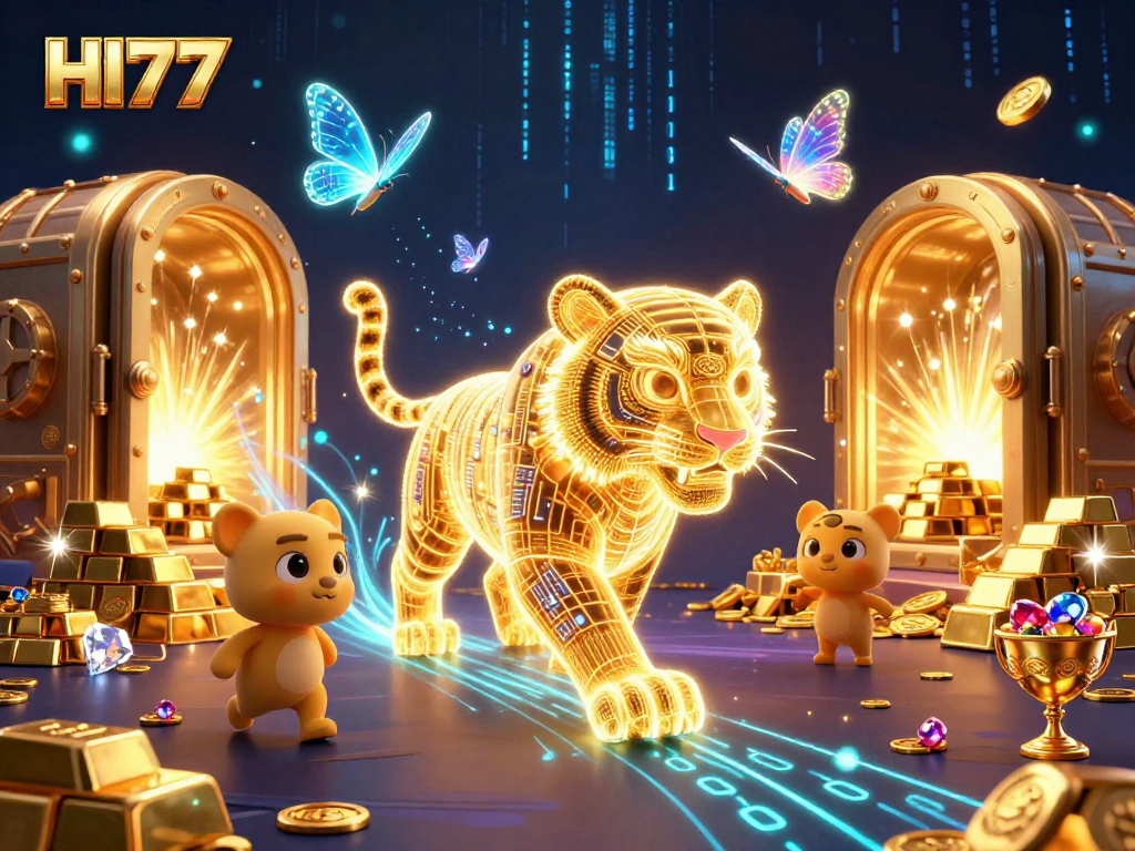 Experience gaming excitement with a golden tiger and treasure at HI77 online casino