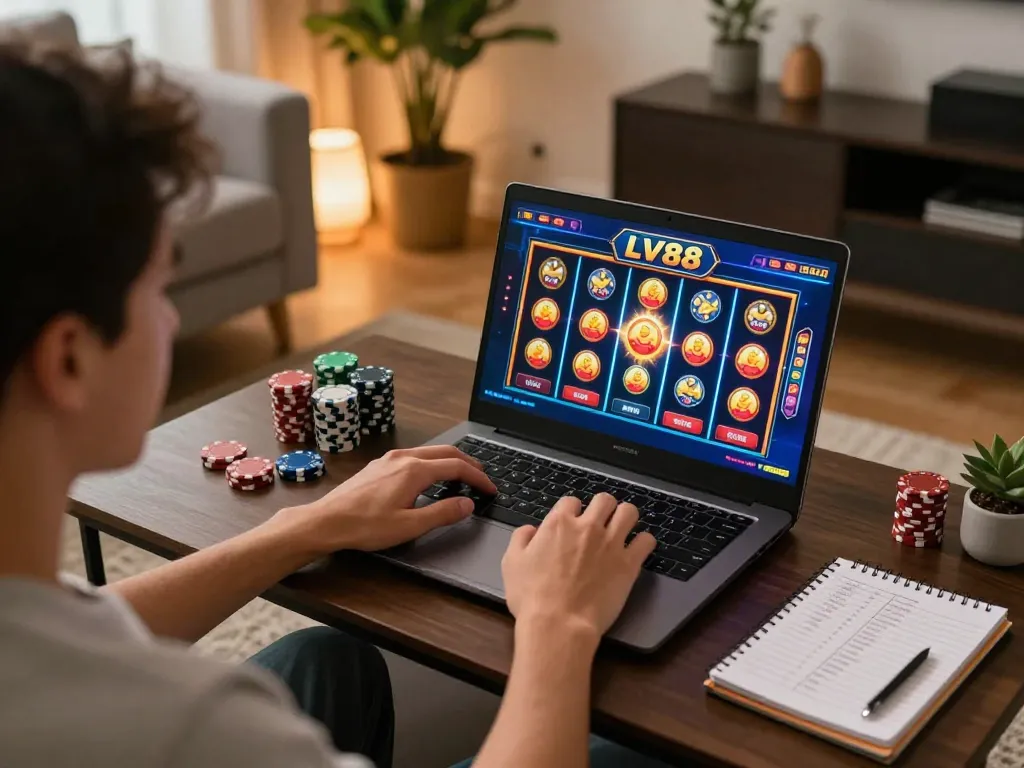 Player engaging in online casino gaming at LV88 using laptop and strategy notes.