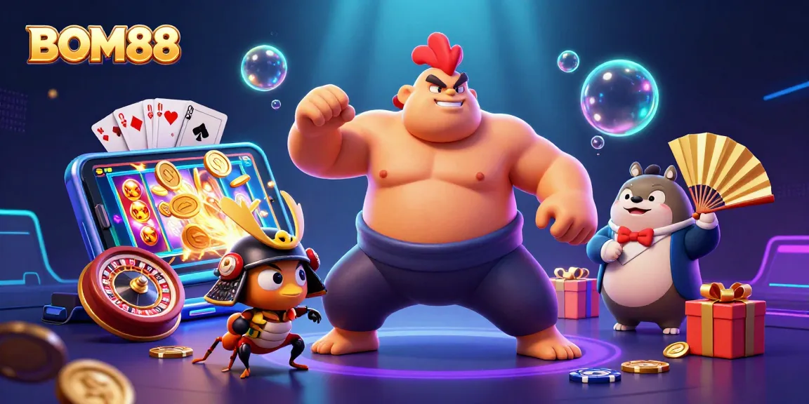 BOM88's thrilling gaming experience comes alive with vibrant casino elements and dynamic characters.