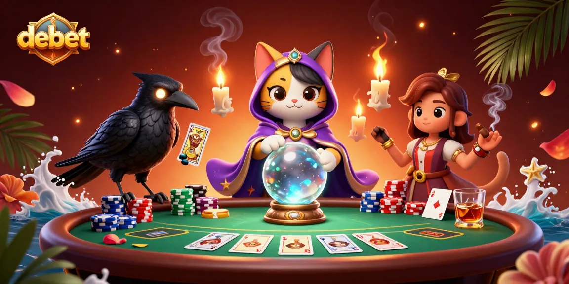 Engage with debet's mystical casino scene featuring a fortune teller cat and poker elements.