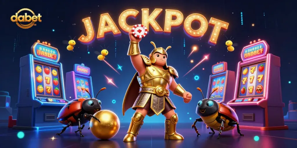 dabet players celebrate a victory with lucky 7s and jackpot symbols in a vibrant casino atmosphere.