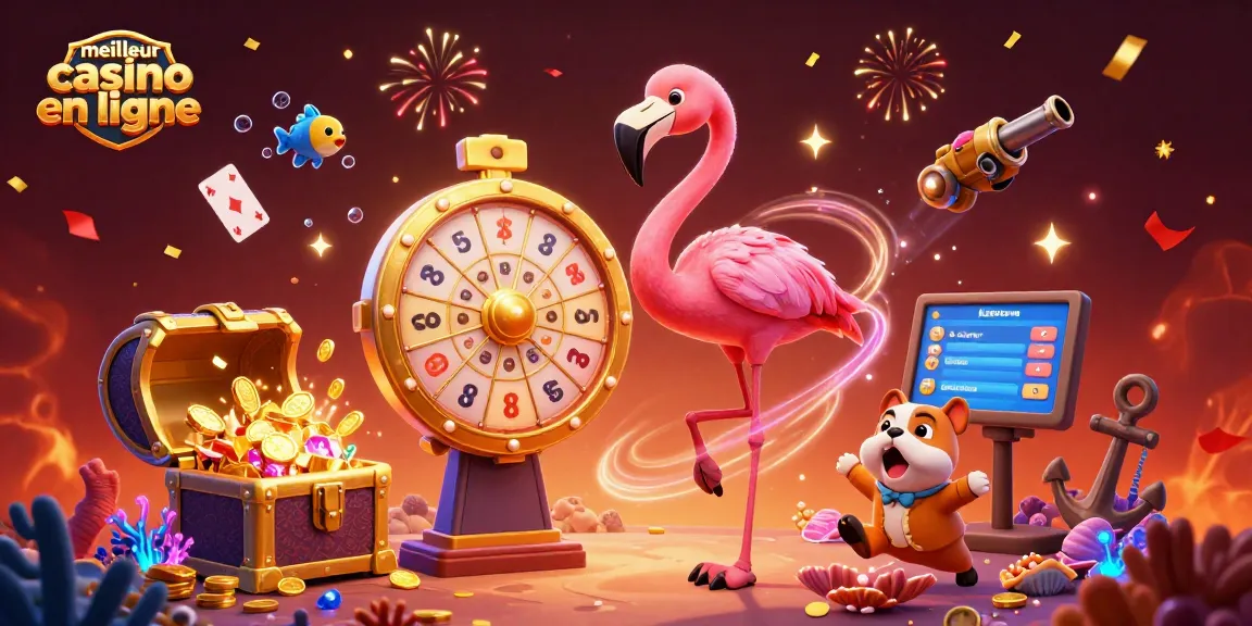 Visualisez le meilleur casino en ligne dans une scène dynamique avec des personnages de jeux et des éléments colorés.