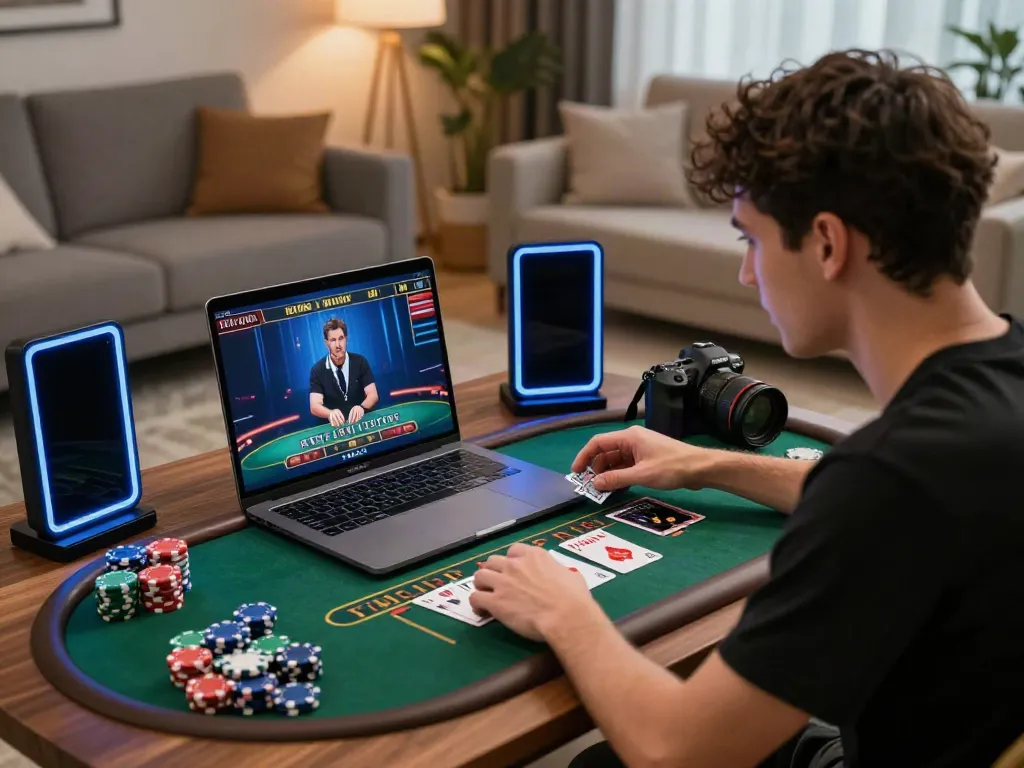 Excited player enjoying live casino games on FIVE88, showcasing a cozy gaming setup and vibrant atmosphere.