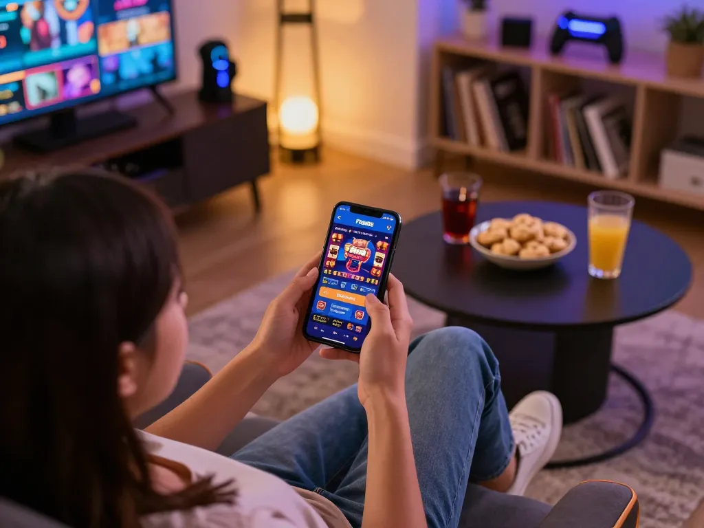 Player engaging with the Fun88 mobile app for casino games in a cozy setting