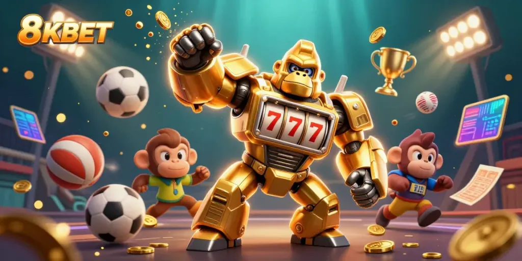 Experience thrilling gameplay with 8KBET's explosive fun featuring a vibrant golden gorilla mech and dynamic sports elements.