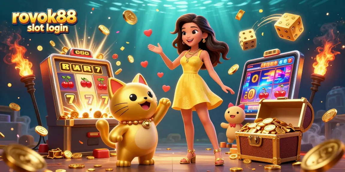 Play rokok88 slot login with vibrant 3D visuals showcasing slots and celebratory elements.