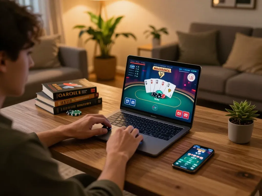Engaging in poker gameplay online with VA88 strategies visible on the screen, showcasing a strategic gaming setup
