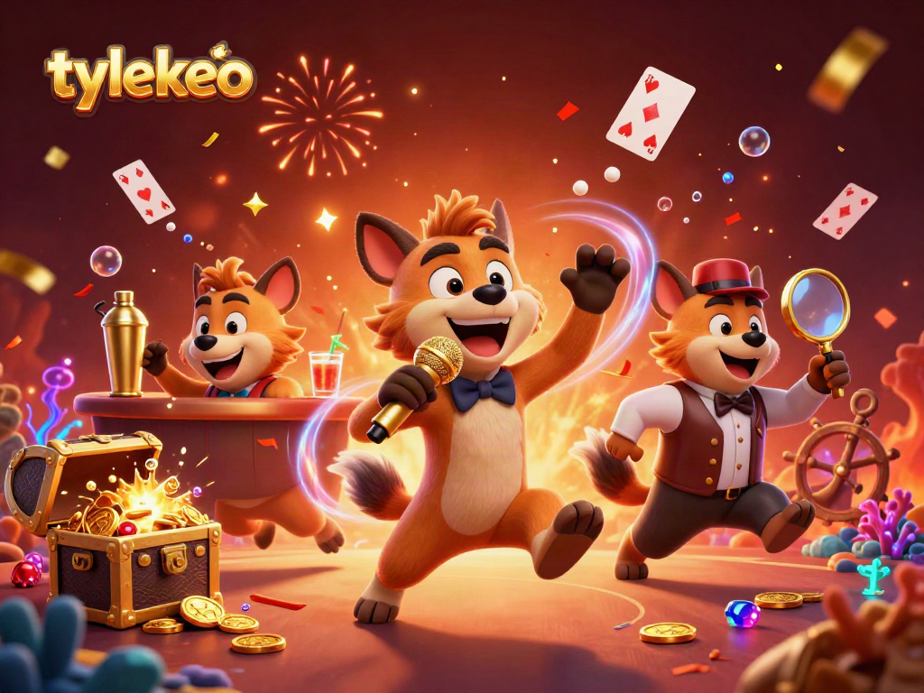 Engage with tylekeo's thriving comedy casino scene featuring hyenas in a lively, colorful environment.