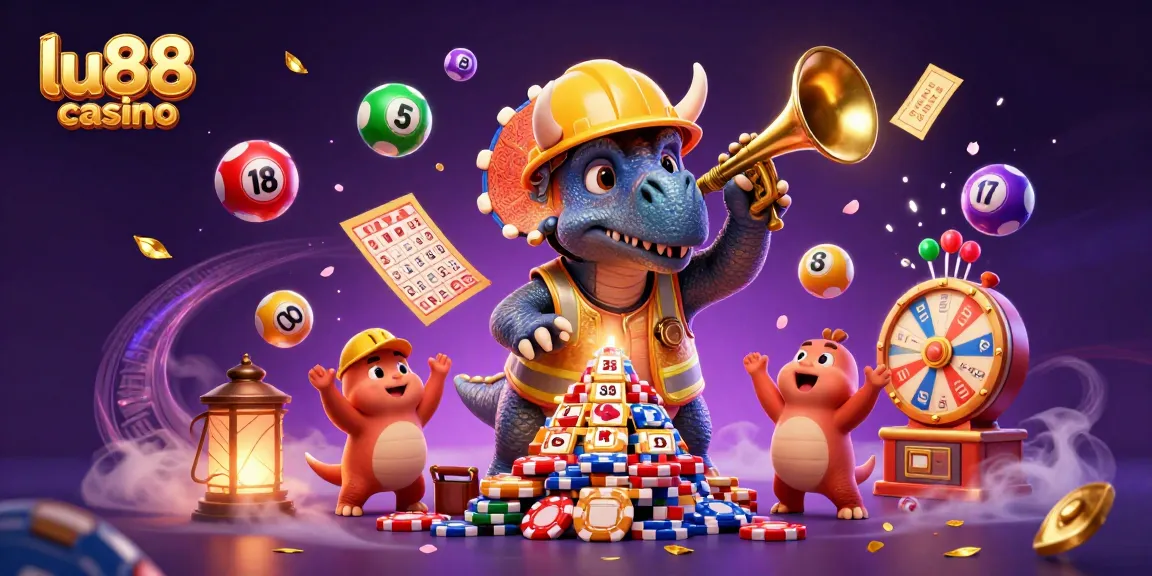 Engage in lively fun at lu88 casino with a triceratops building poker chips surrounded by vibrant game elements.