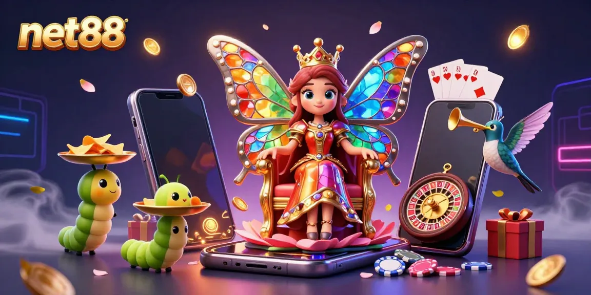 Engage with net88's colorful casino games featuring a butterfly queen and exciting gambling elements.