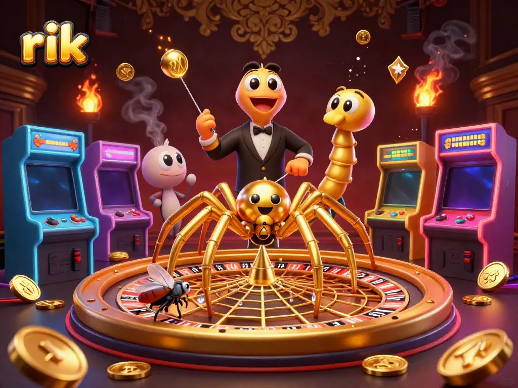 Experience thrilling bets at rik, where a golden spider spins a roulette web amidst vibrant casino elements.
