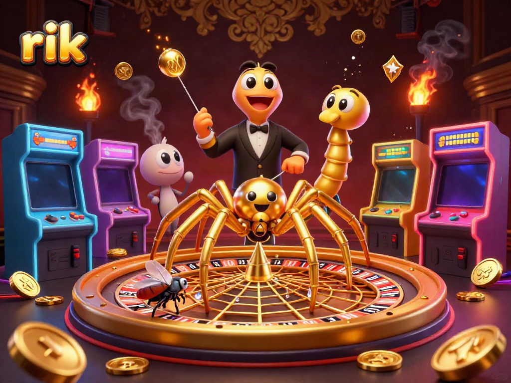 Experience thrilling bets at rik, where a golden spider spins a roulette web amidst vibrant casino elements.