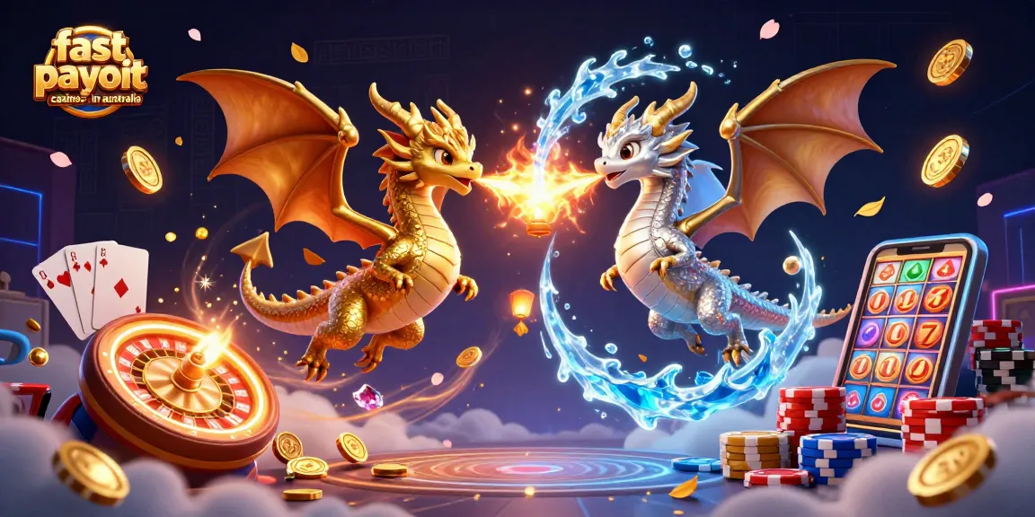 Engaging illustration of fast payout casinos in Australia showcasing dragons and casino elements