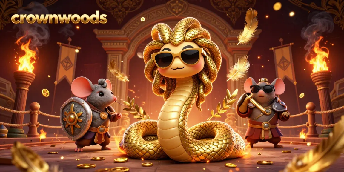 Crownwoods showcases an engaging 3D illustration featuring Medusa and warrior mouse in a dynamic casino setting.