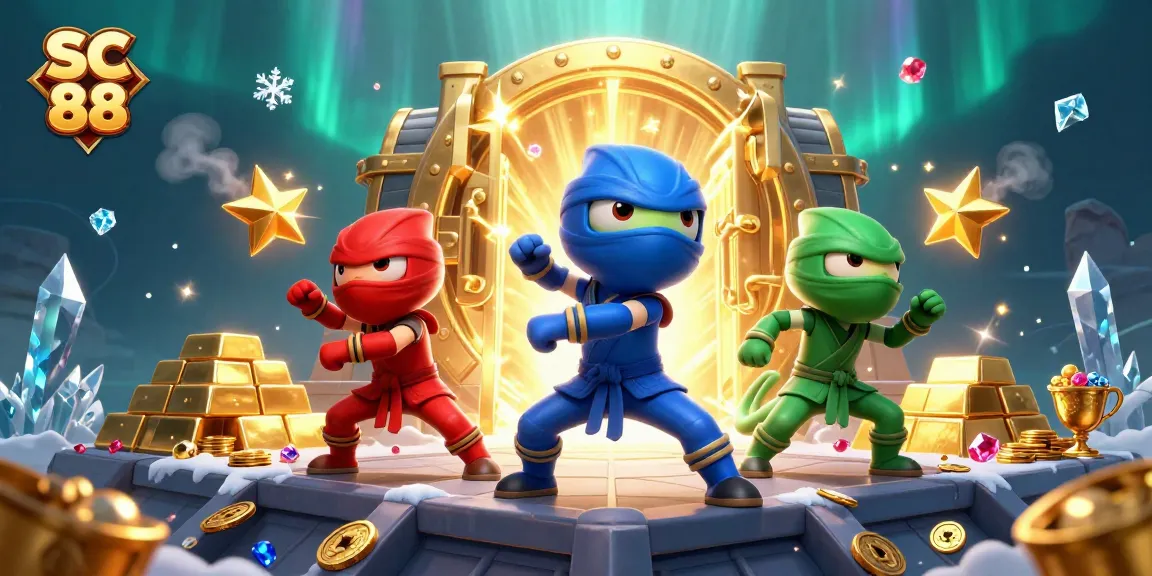 Engage with SC 88's vibrant gaming scene, featuring dynamic cartoon chameleons amidst gold treasures and casino elements.