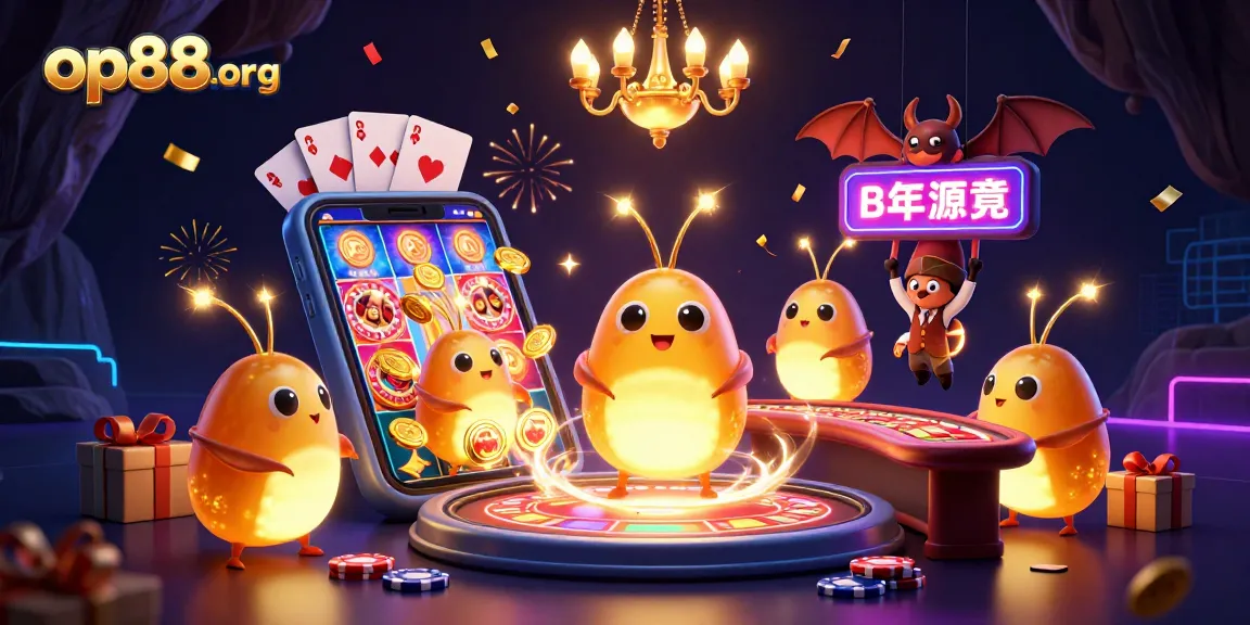 Experience the magic of op88org as glowworms illuminate a casino with golden tails, featuring vibrant slot games.