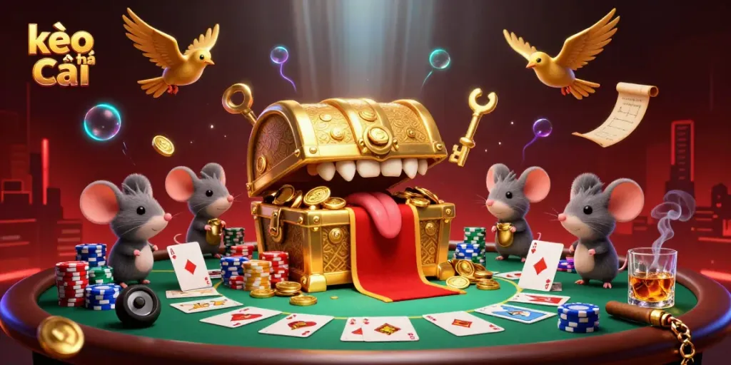 Engage in kèo nhà cái with a vibrant 3D casino scene featuring adventurous mice and dazzling casino elements.