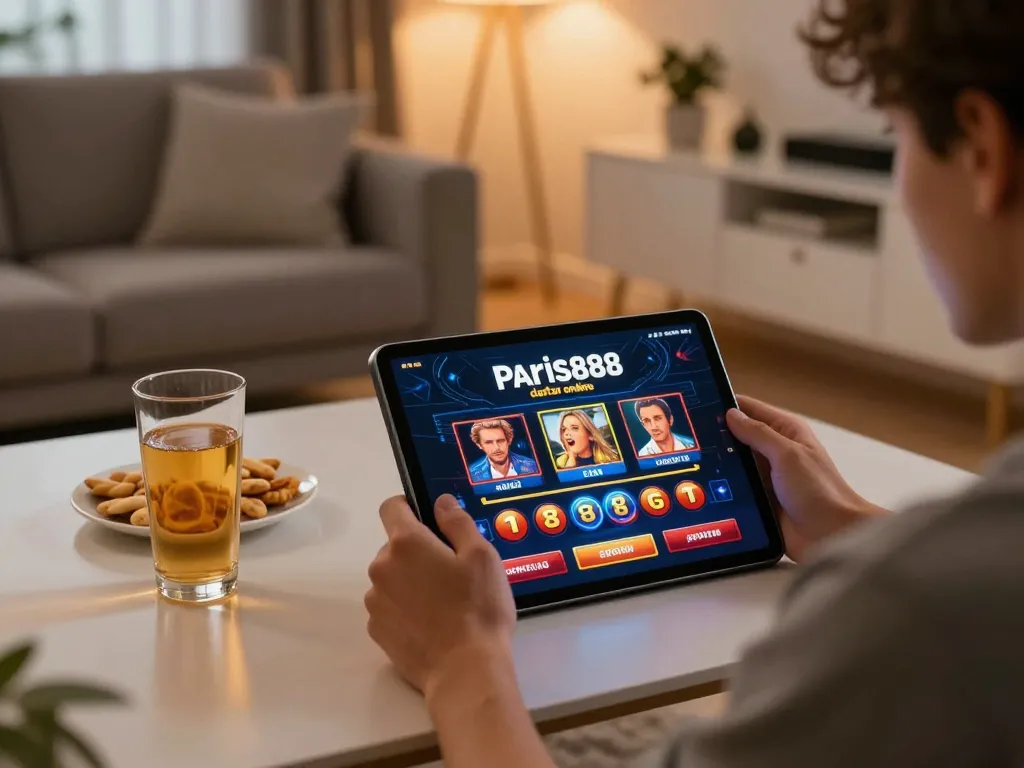 Engaged player accesses paris888 daftar for online slots in a cozy home gaming setup.