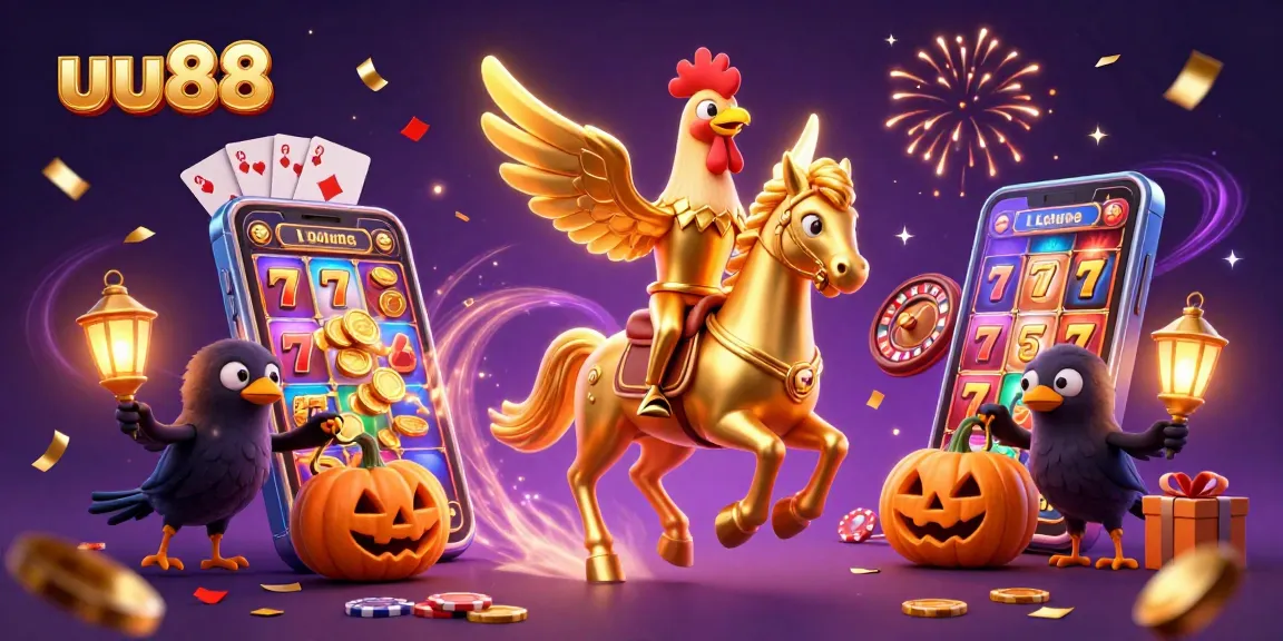 uu88 captures gamer excitement with a golden rooster and spectral horse in a vibrant casino