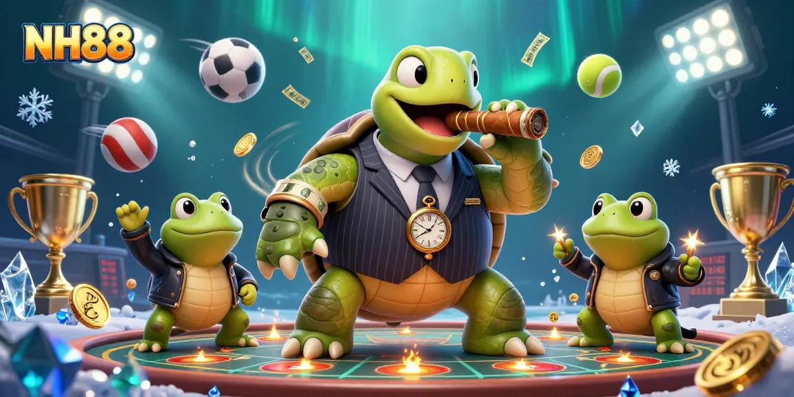 Engage with NH88's dynamic casino gaming scene featuring a turtle mobster and bullfrog enforcers amid a lively backdrop.