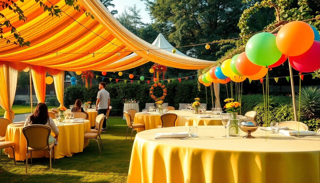 Outdoor Party Rentals with a vibrant setup showcasing tents and decorations in a garden.