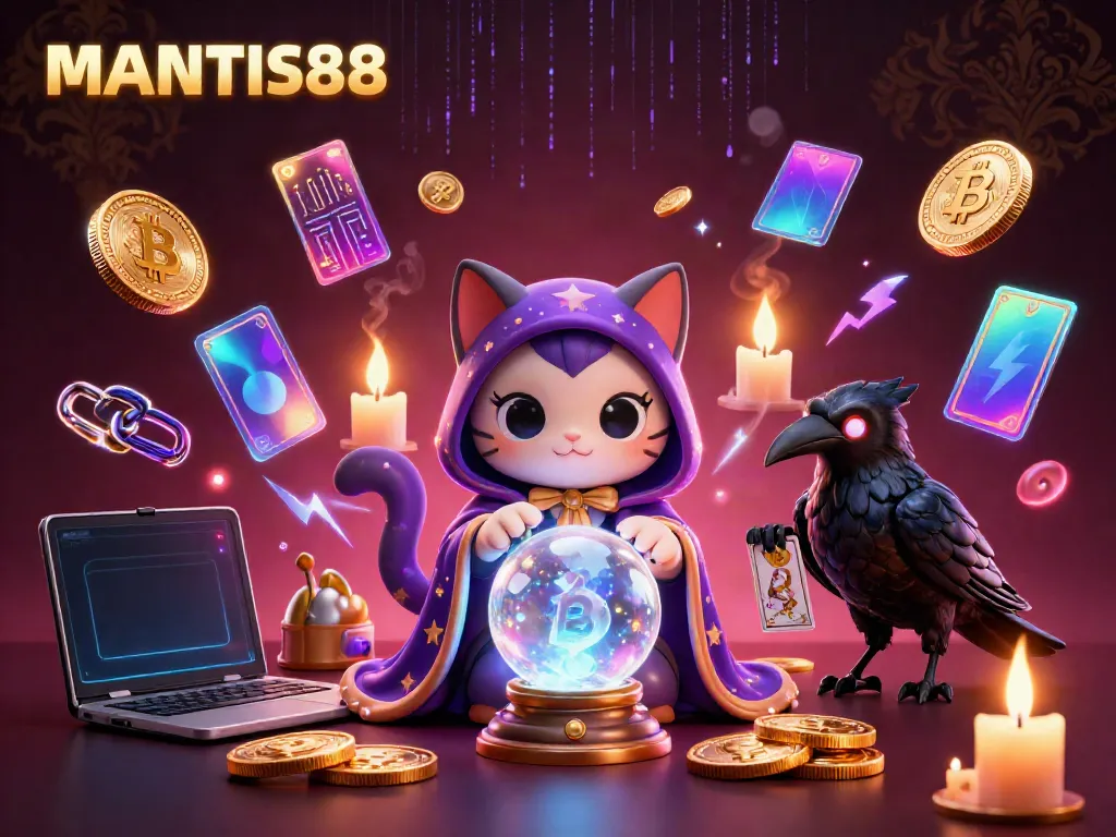 Engage with MANTIS88’s magical casino illustration showcasing a fortune teller cat, tarot raven, and glowing crypto elements.