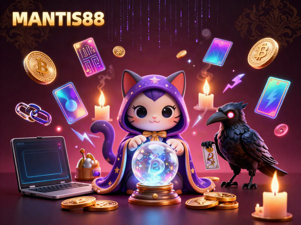Engage with MANTIS88’s magical casino illustration showcasing a fortune teller cat, tarot raven, and glowing crypto elements.