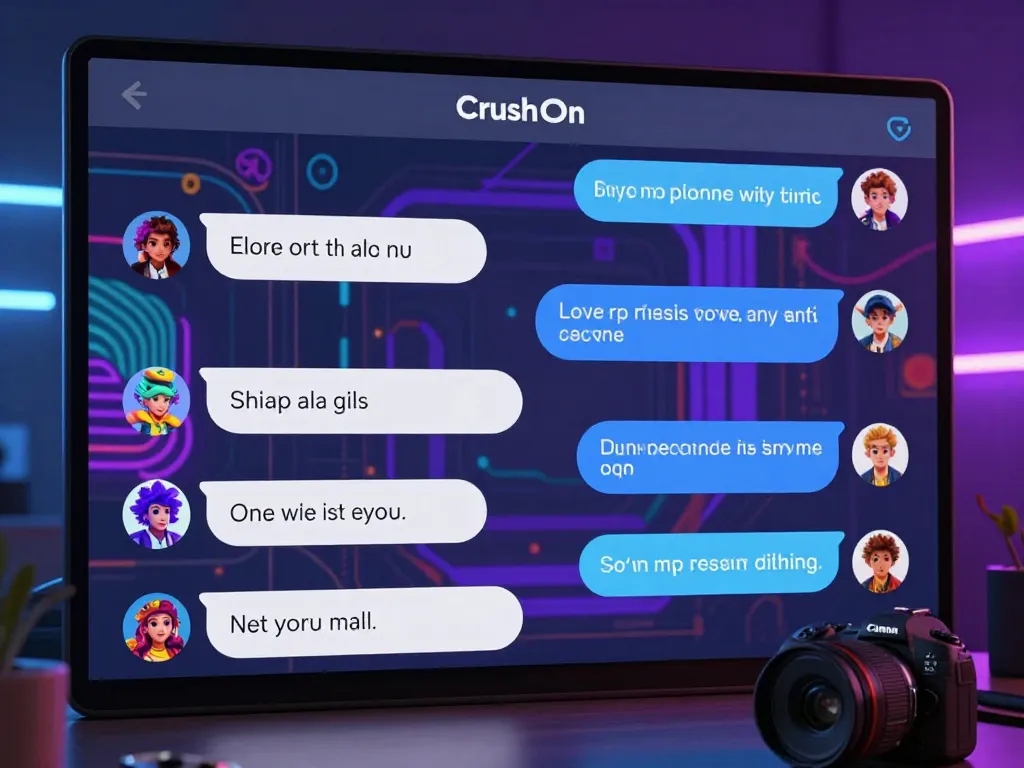 Engaging CrushOn digital chat scene showcasing vibrant AI characters in playful interactions within a lively virtual environment.