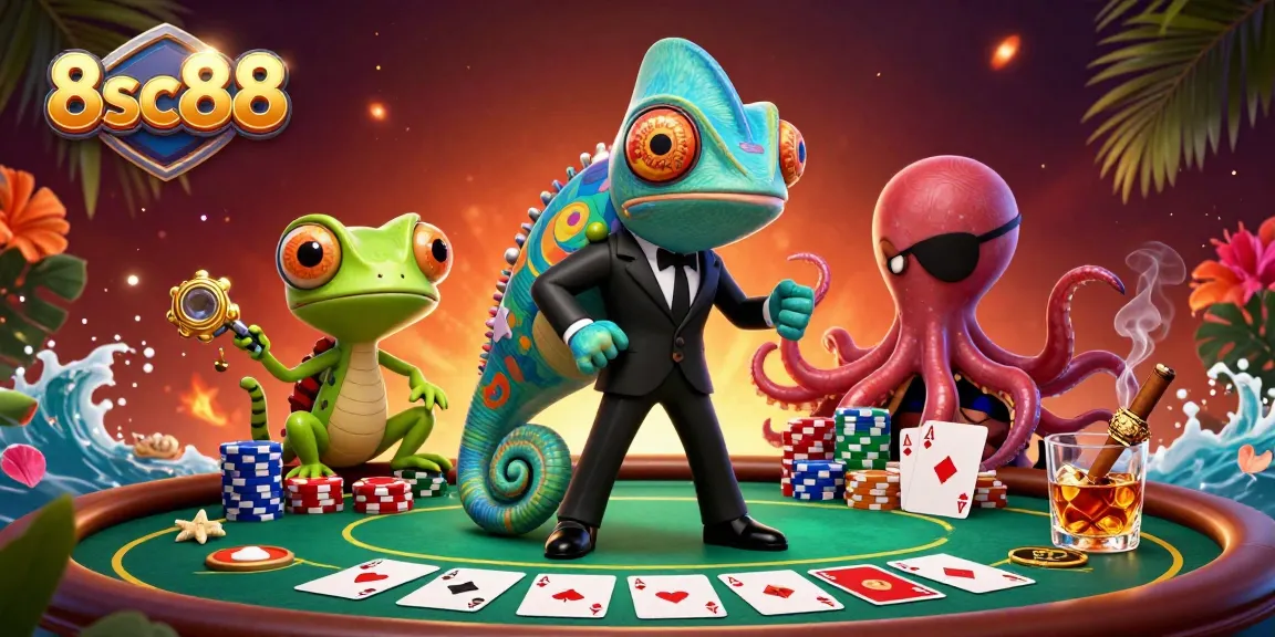 Experience thrilling poker action at 8sc88 with a dynamic 3D illustration showcasing vibrant game elements.