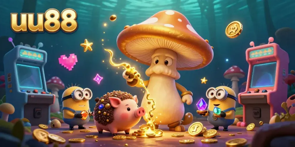 Experience the magic of uu88 with a golden wizard and treasures in a vibrant casino-themed scene.
