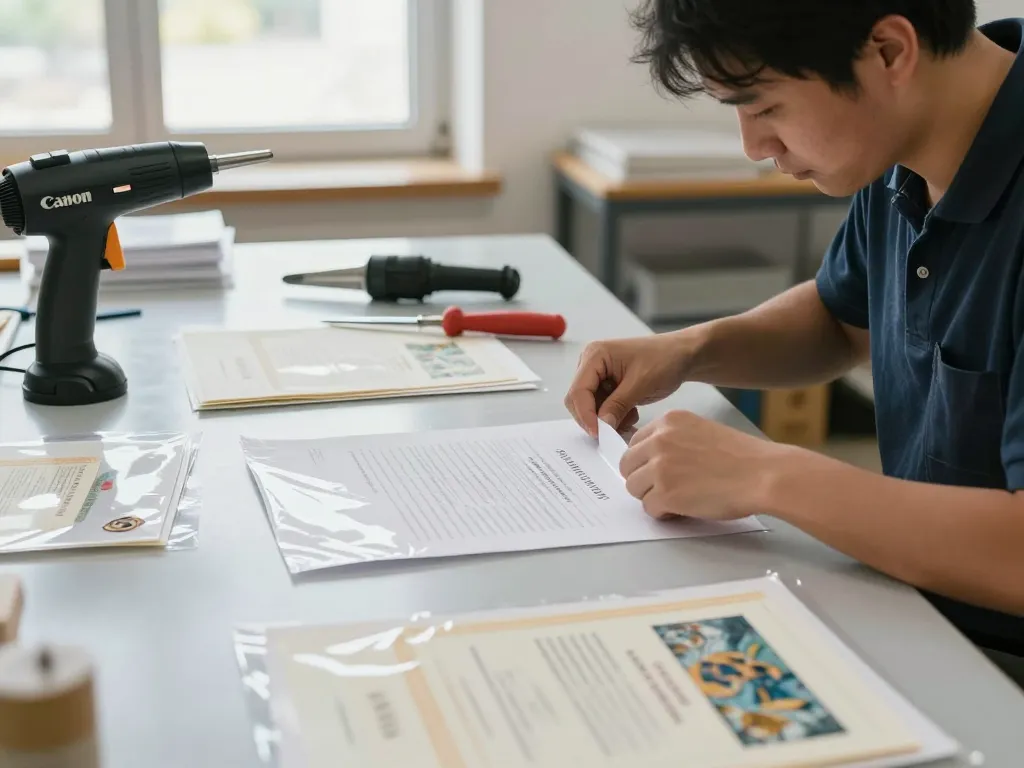 gỡ ép plastic hà nội in a professional workshop setting with a technician removing plastic from important documents safely