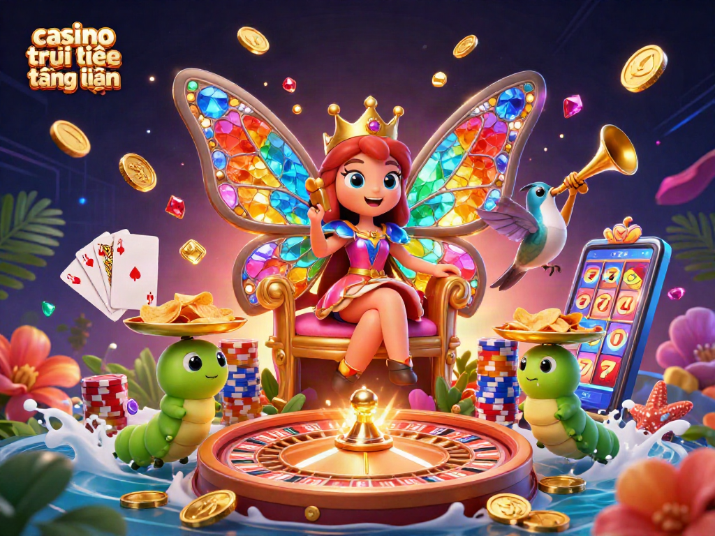 Hình ảnh mô phỏng casino trực tuyến tặng tiền với các nhân vật hấp dẫn và phần thưởng tiền cược miễn phí.