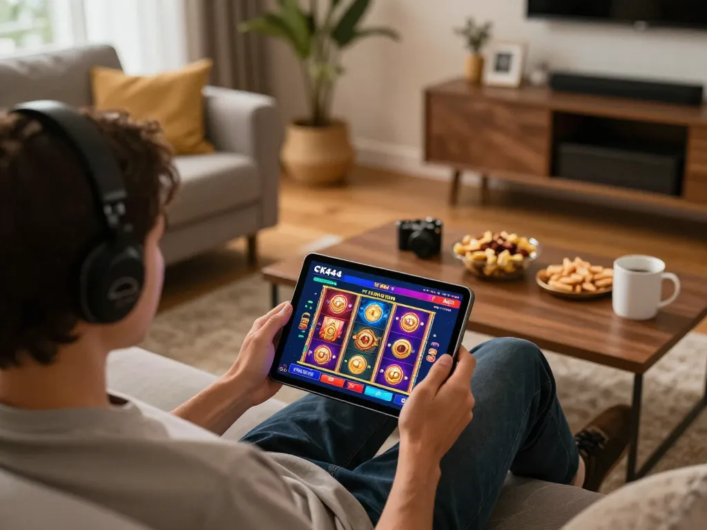 Engaging in online casino gaming at https://ck444s.net/ on a tablet in a cozy home setting.