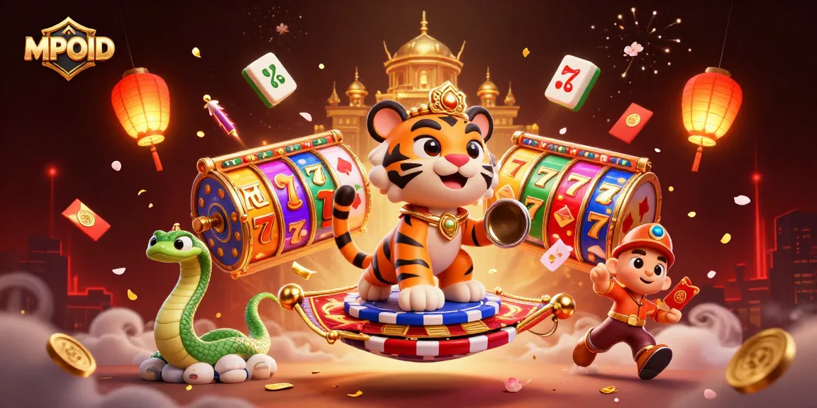 Engage with MPOID's vibrant casino world featuring a tiger sultan amidst slots and gold.