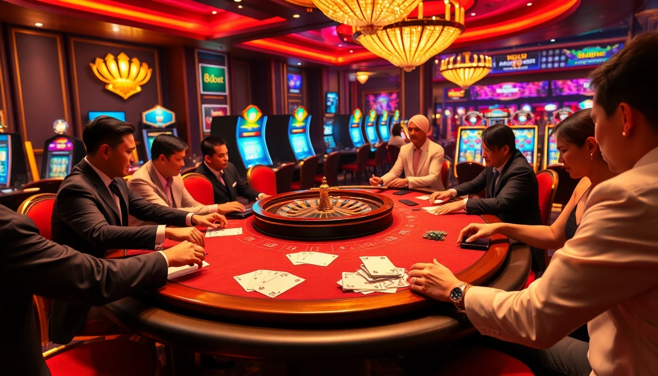 Join the excitement at 8kbet as players strategize over poker chips and roulette wheels in a luxurious casino ambiance.