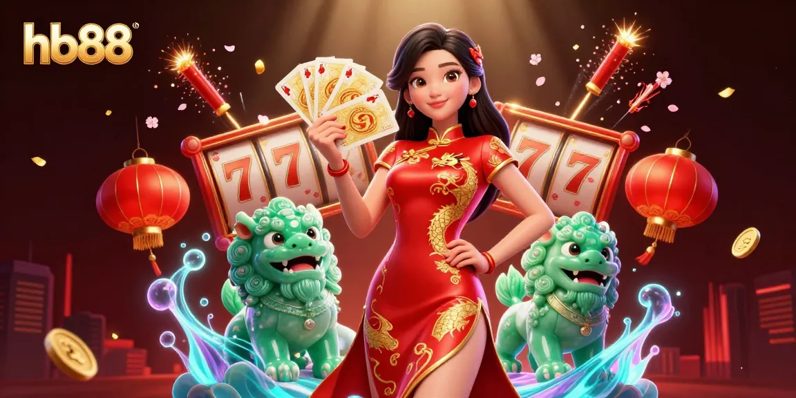 hb88 showcases an elegant woman and a jade lion guardian celebrating while playing slot games.