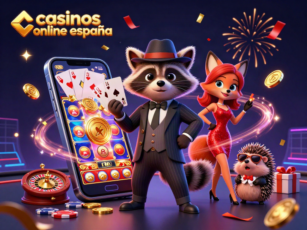 Ilustra la emoción de los casinos online en España, mostrando un zorro, un mapache y un erizo en un entorno festivo y colorido.