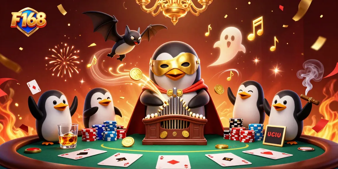 Engage with F168's thrilling casino action, featuring penguin playing organ amidst poker glory.