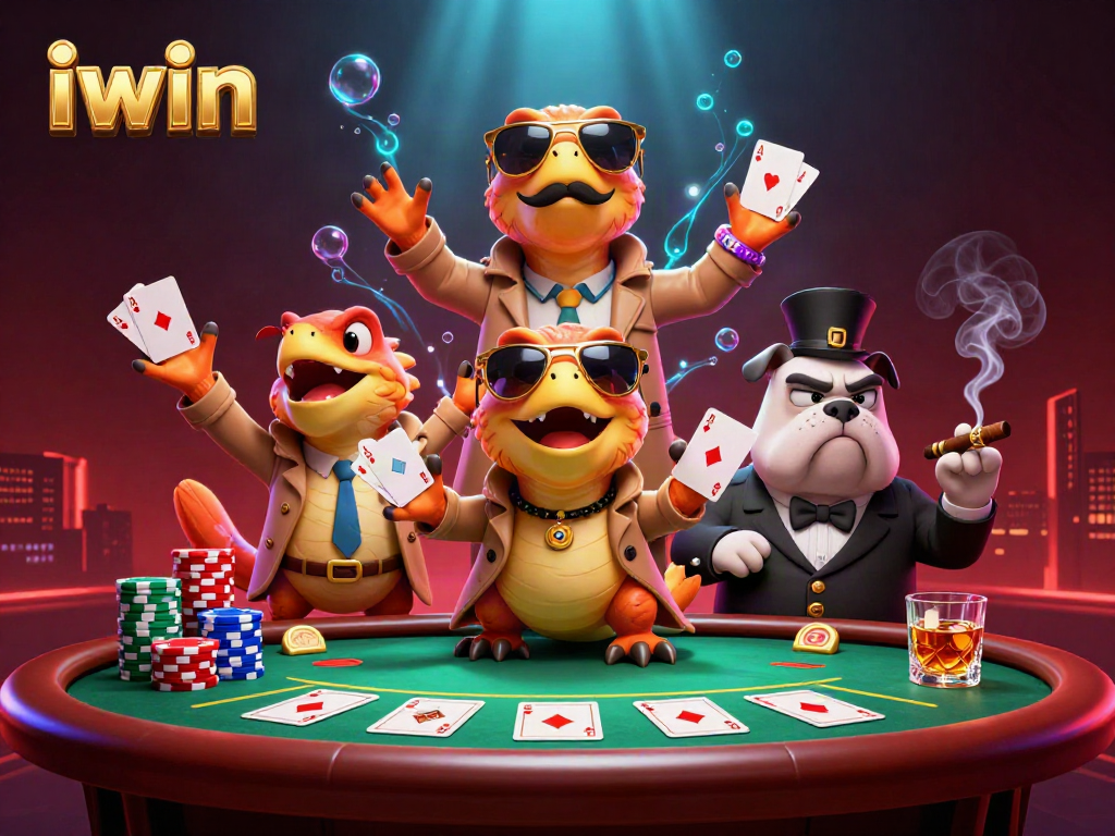 iwin enhances the casino experience with raptors in a trench coat attempting entry into an exclusive lounge.