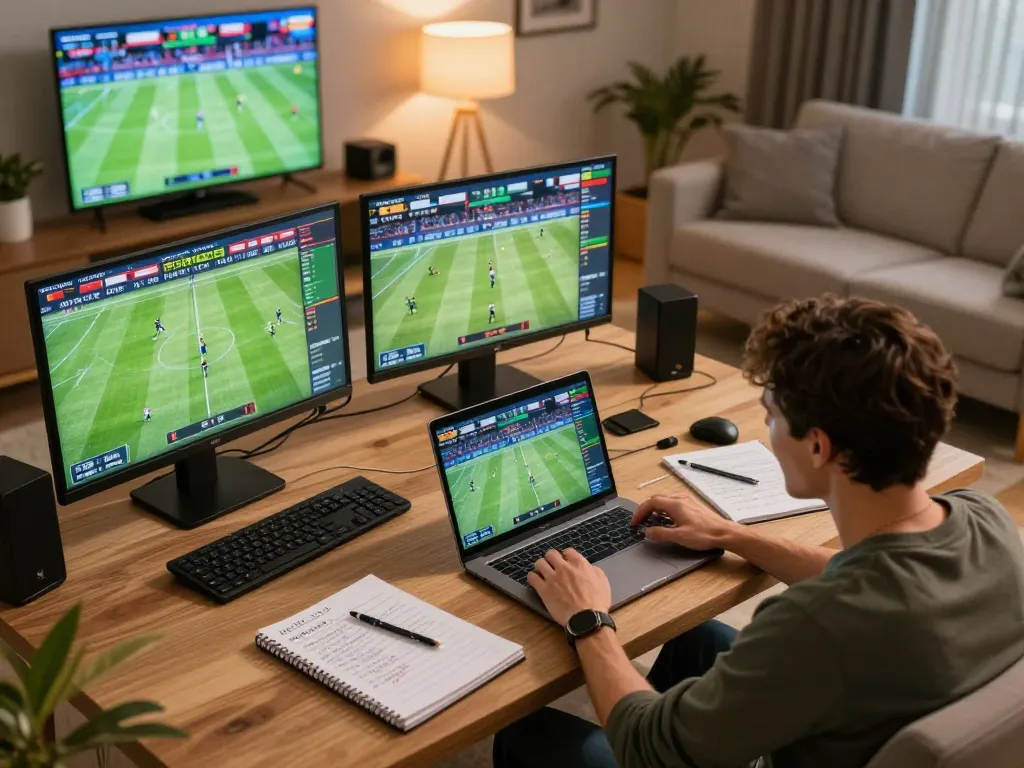 Xoilac sports betting analysis in a cozy home setup with multiple screens and enthusiastic engagement.