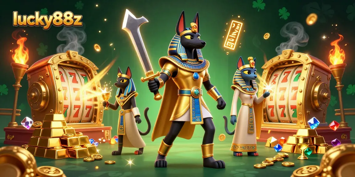 Engage with lucky88z in a vibrant 3D casino scene filled with treasures and slot reels.