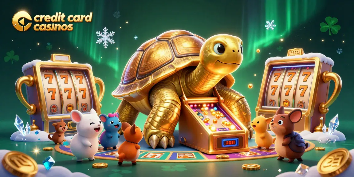 Experience thrilling wins at credit card casinos with vibrant cartoon tortoise and dynamic slot reels.
