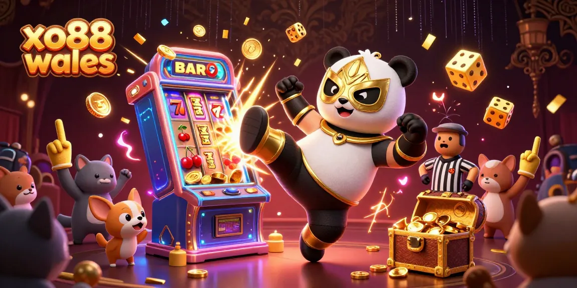 Exciting scene at xo88 wales featuring a panda wrestler performing a flying kick amidst a vibrant casino atmosphere