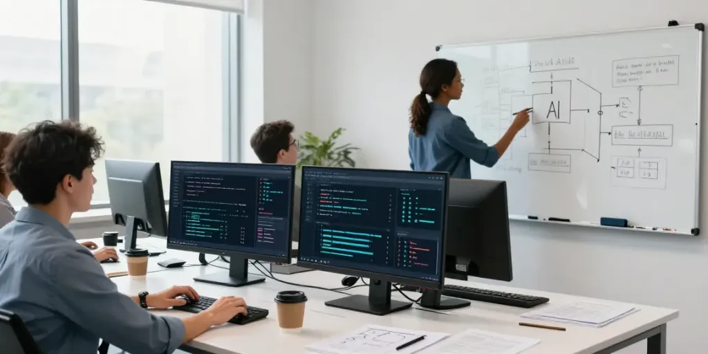 Collaborative team working on Enterprise AI development with data and technology.
