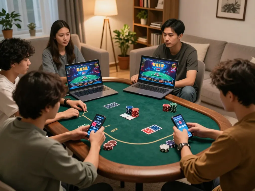 Players using sc88 to enjoy online poker in a cozy living room setting, showcasing strategic gameplay and vibrant graphics.