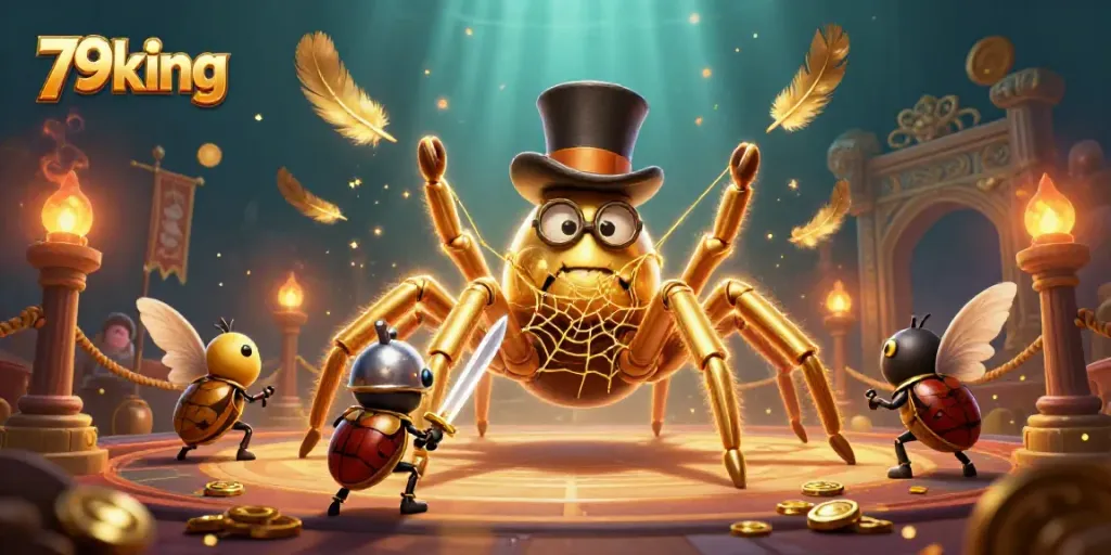 Engage with thrilling 79king casino vibes in a vibrant casino scene featuring a giant golden tarantula, a beetle knight, and moth spectators.