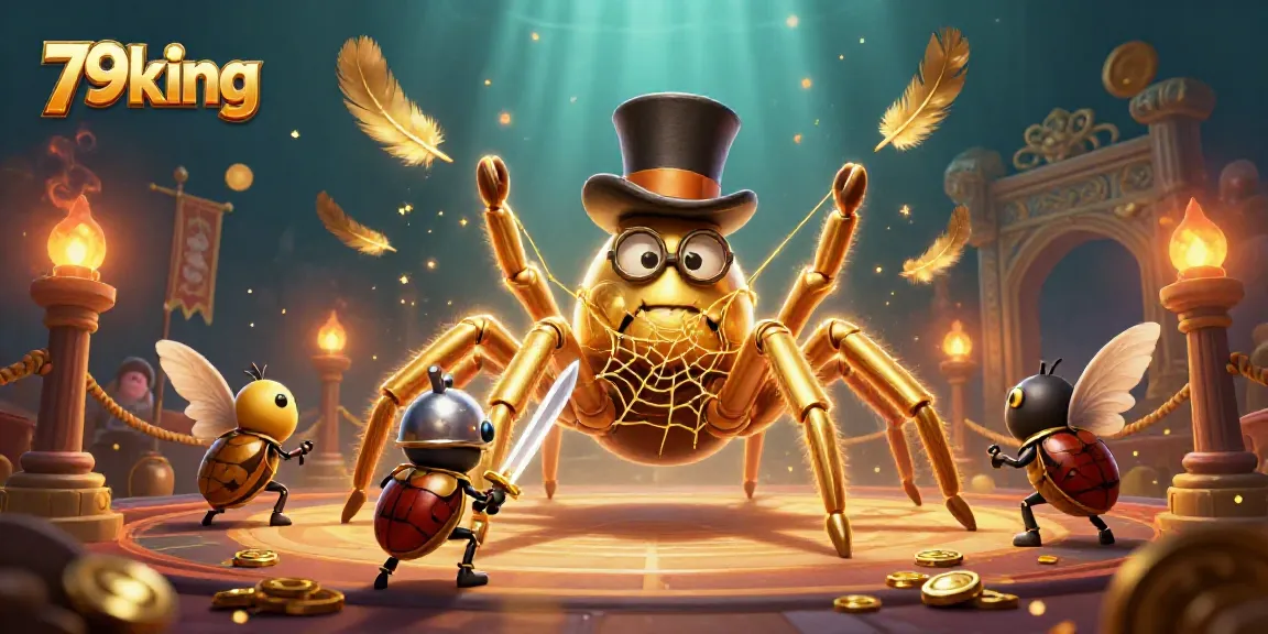 Engage with thrilling 79king casino vibes in a vibrant casino scene featuring a giant golden tarantula, a beetle knight, and moth spectators.