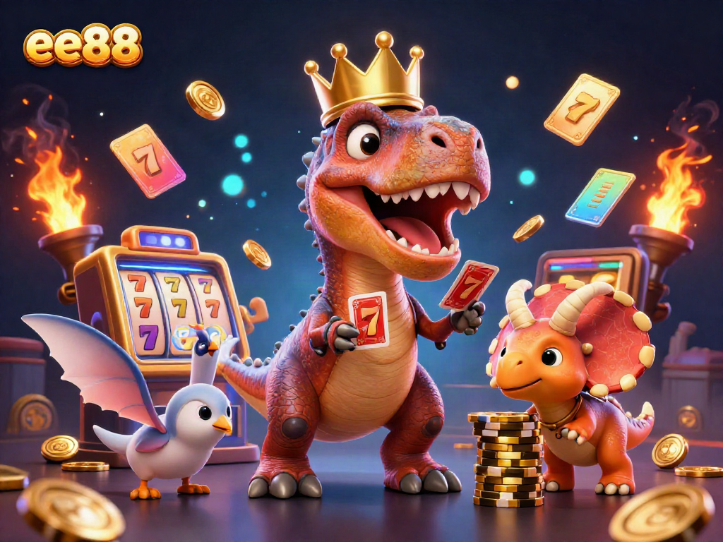 Join the fun at ee88 with a cartoon T-Rex, pterodactyl, and triceratops celebrating gambling wins!